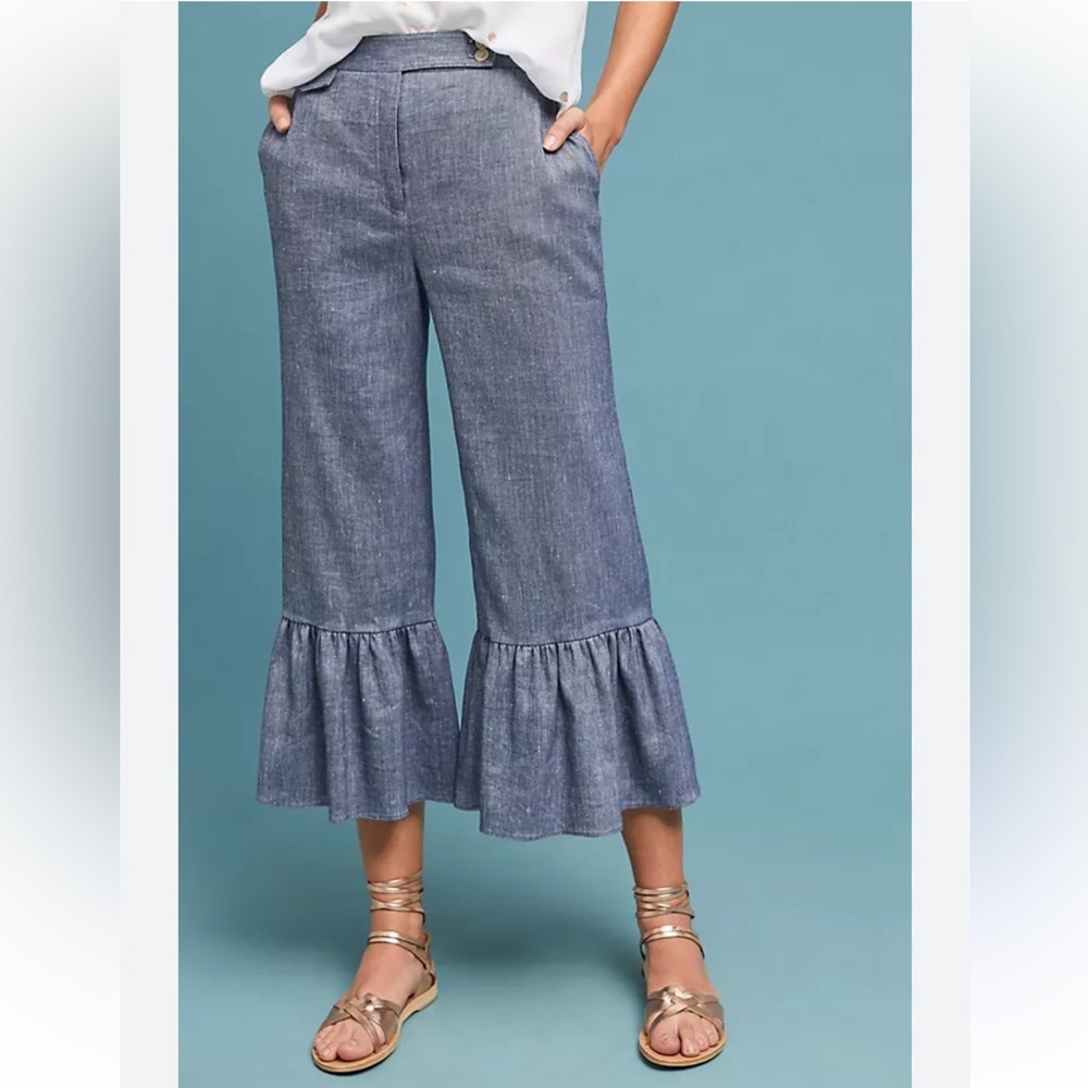 Anthropologie Ett Twa Chambray Linen Ruffle Crop Pants - Picture 2 of 16